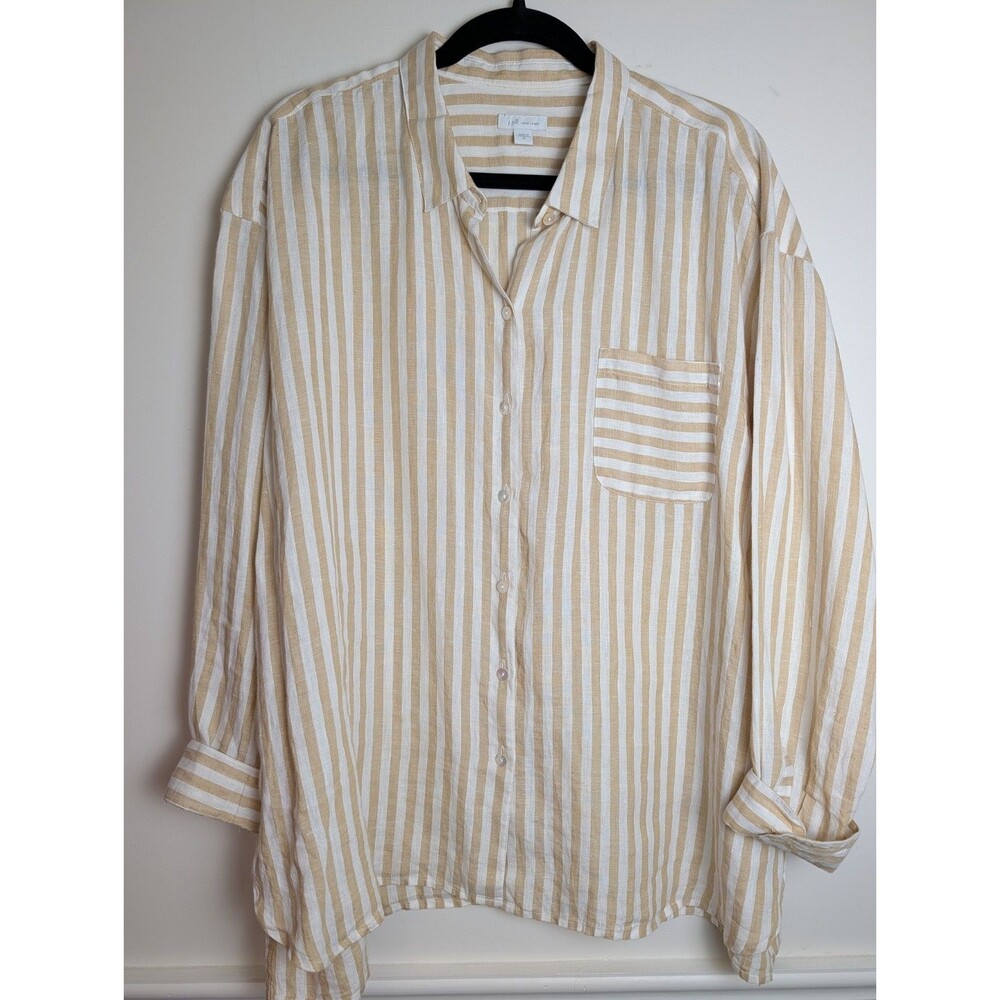 J Jill Love Linen Striped Button Tunic XL Tan White 100% Linen Coastal Grandma